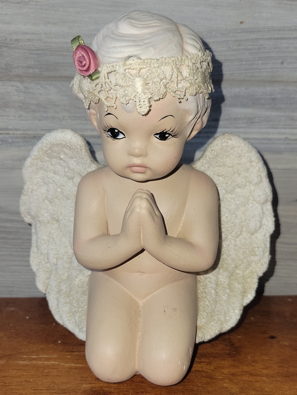 Cream Praying Angel Figurine with Pink Rose Crochet Headband Vintage